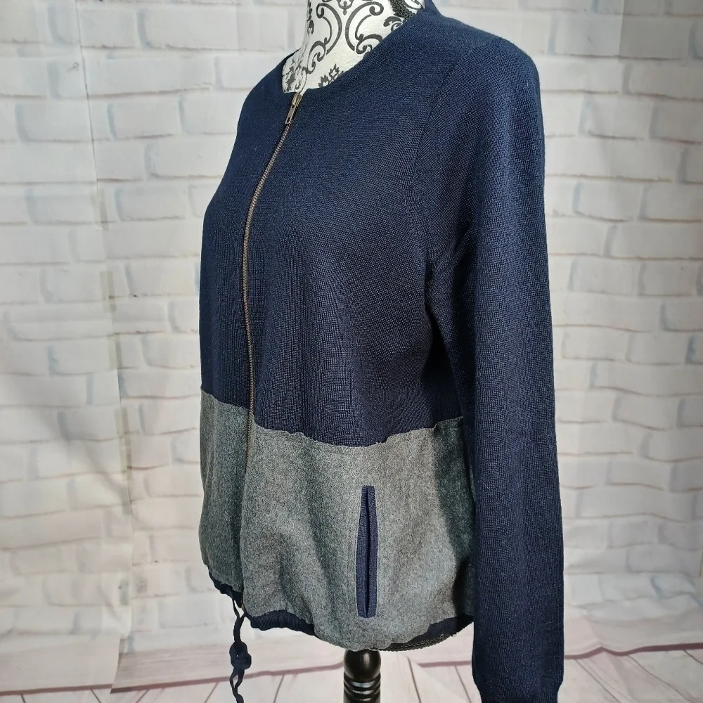J Crew women's long sleeve zip front color block Marino wool jacket sz m b30